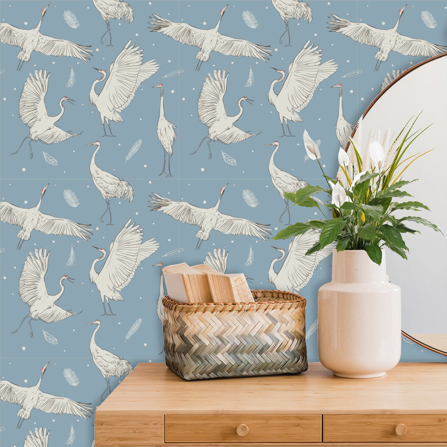 Blue Wallpaper Crane Wallpaper Modern Wallpaper Bird - Etsy