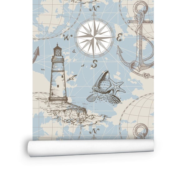 18-ft Wallpaper Roll | Kids Sea Lighthouse Wallpaper |  Marine Anchor Peel and Stick Wallpaper |  Nautical Compass Wallpaper # R18