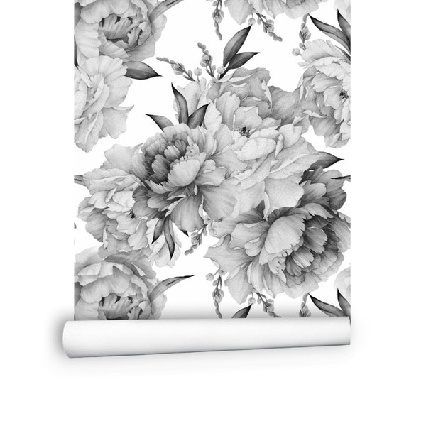 Peony Wallpaper Peel and Stick, Floral Wallpaper Roll - Botanical Wallpaper, Modern Removable Wallpaper - Black and White Wallpaper # R175