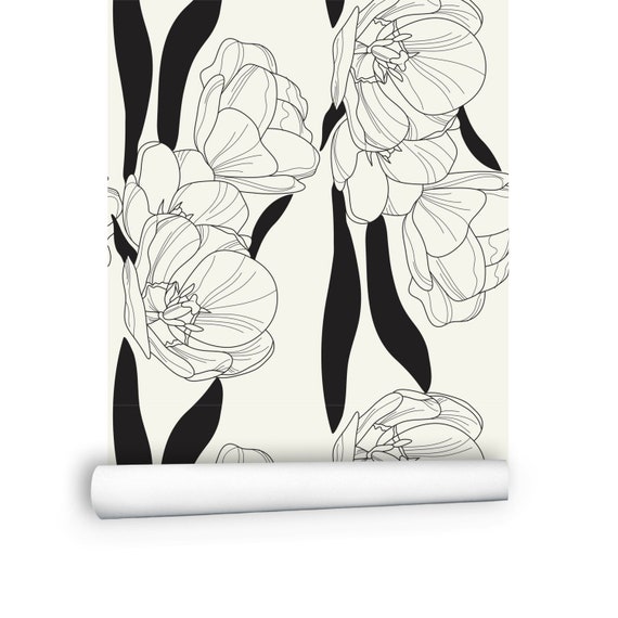 Floral Wallpaper Black and White Wallpaper Flower - Etsy
