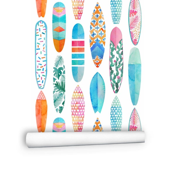 Surfboards Watercolor Wallpaper Roll, Colorful Wallpaper Surfing Wall Art - Geometric Wallpaper Peel and Stick, Modern Wallpaper # R136