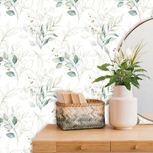 18-ft Wallpaper Roll | Green Gold Leaves Wallpaper | Eucalyptus Botanical Peel and Stick Wallpaper | Watercolor Floral Wallpaper # R19