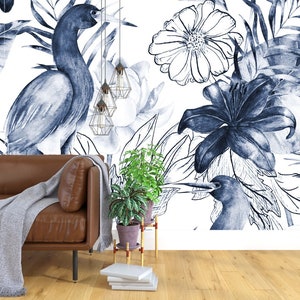 Floral Wallpaper, Blue Wallpaper - Flower Wallpaper, Bird Wallpaper Peel and Stick - Modern Removable Wallpaper, Adhesive Wallpaper # R253