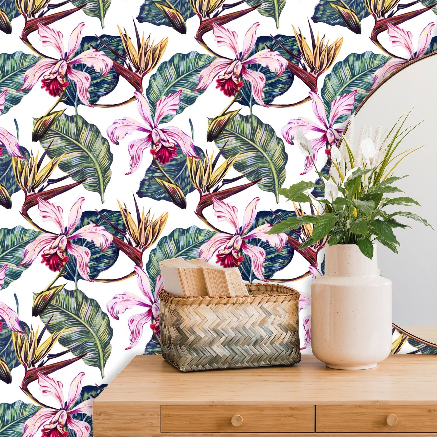 Palm Leaves and Tropical Flowers Peel and Stick Wallpaper Etsy