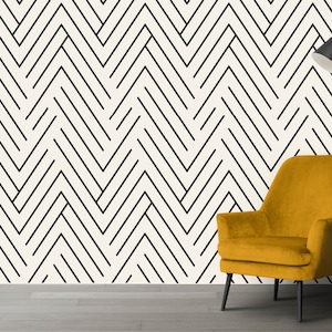 Geometric Wallpaper, Chevron Wall Decor | Herringbone Wallpaper Roll, Black and White Wallpaper Peel and Stick | Minimalist Wall Art # R103