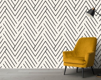 Geometric Wallpaper, Chevron Wall Decor | Herringbone Wallpaper Roll, Black and White Wallpaper Peel and Stick | Minimalist Wall Art # R103