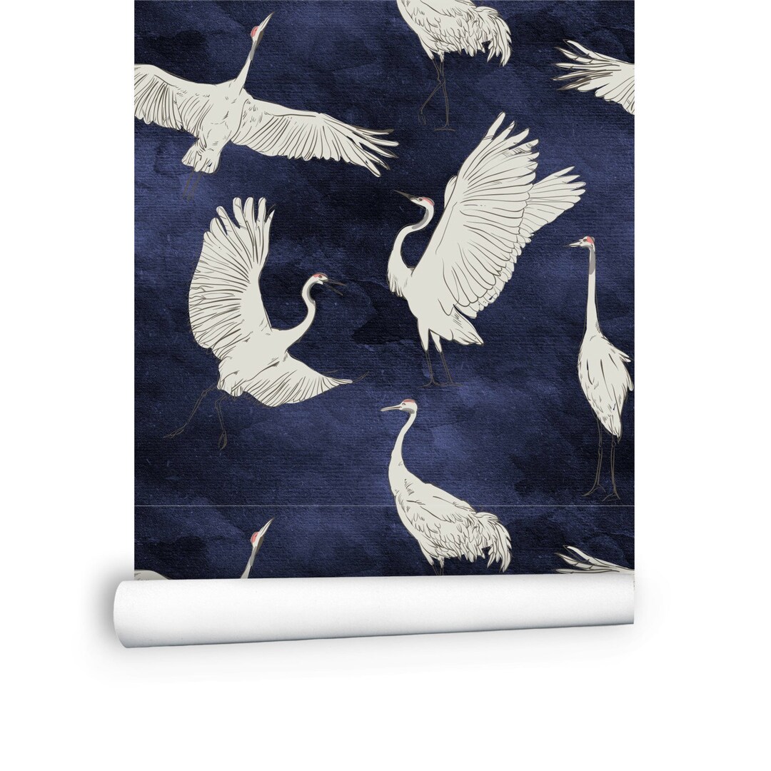Dark Wallpaper, Crane Wallpaper Blue Wallpaper, Bird Wallpaper Peel and
