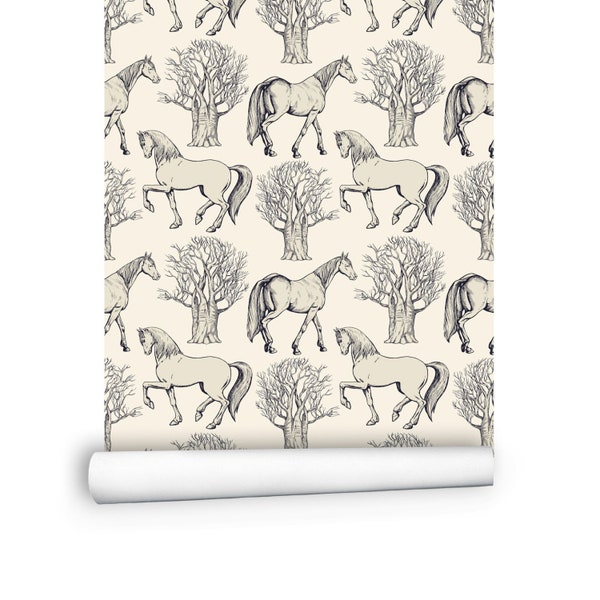 Tree Wallpaper, Beige Wallpaper Peel and Stick - Modern Wallpaper, Animal Wallpaper with Horse Print - Removable Wallpaper Bedroom # R246