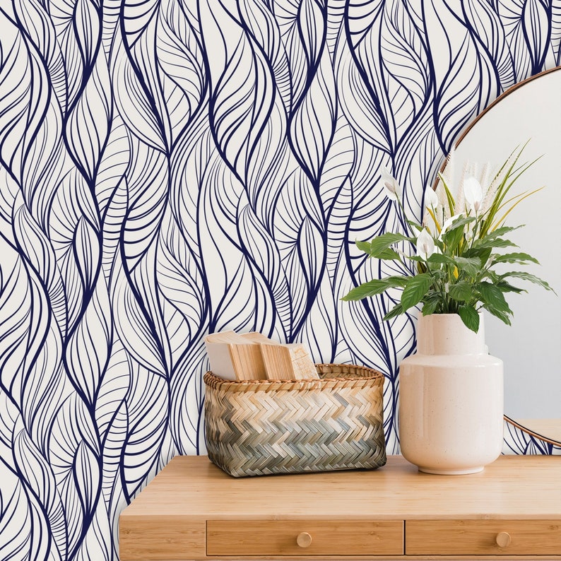 18ft Abstract Wallpaper Roll Blue Lines Wallpaper Navy Etsy