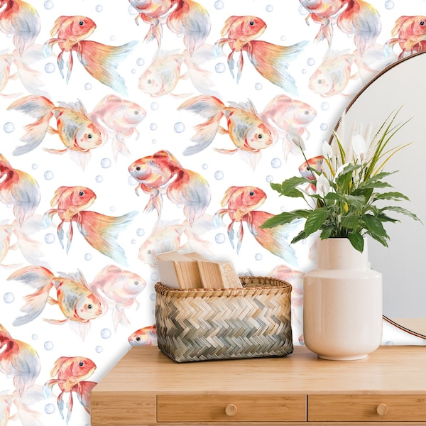 18-ft Wallpaper Roll | Gold Fish Wallpaper | Watercolor Peel and Stick Wallpaper | Sea Wallpaper # R5