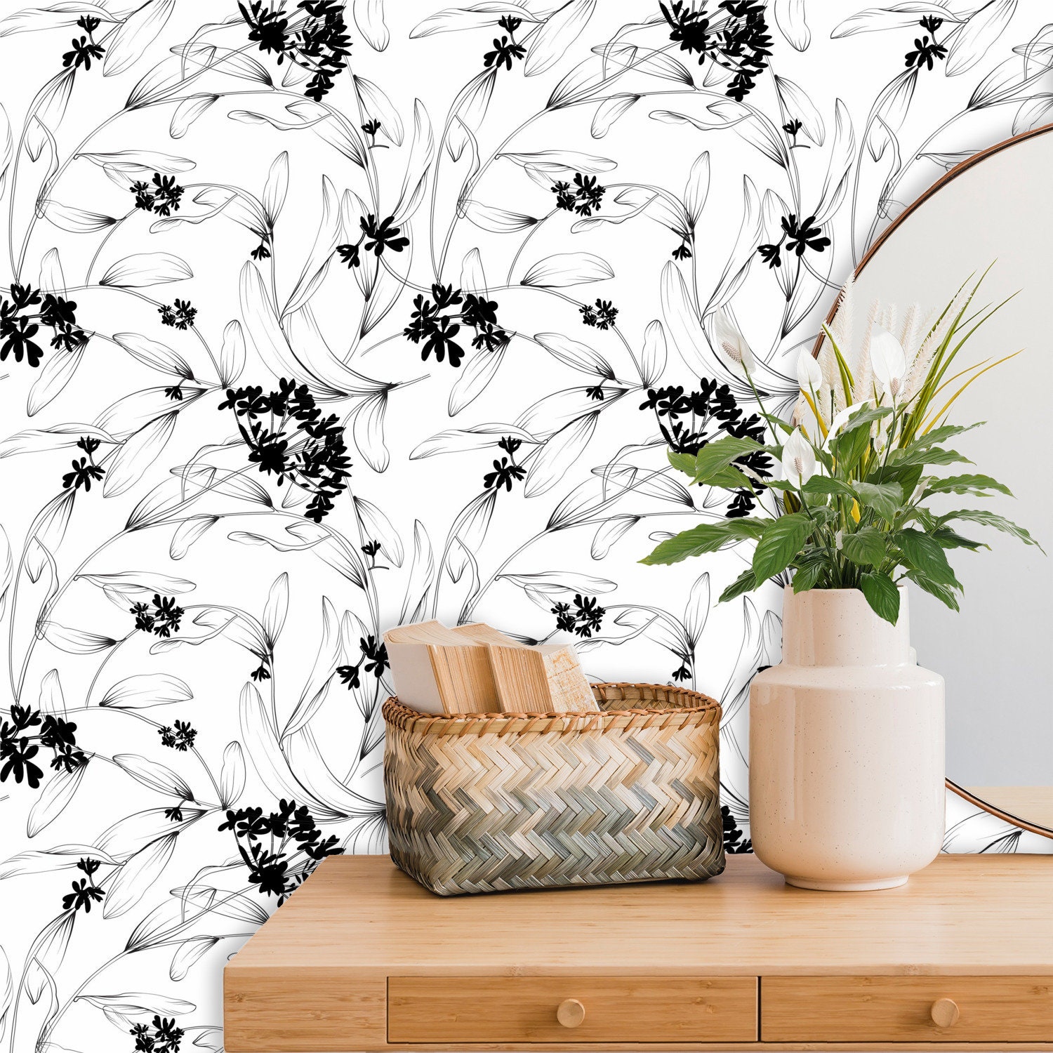 Floral Wallpaper Botanical Wallpaper Black and White - Etsy