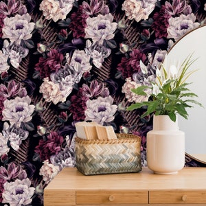 18-ft Wallpaper Roll | Large Peonies Wallpaper |  Dark Floral Peel and Stick Wallpaper |  Beautiful Flower Wallpaper # R8