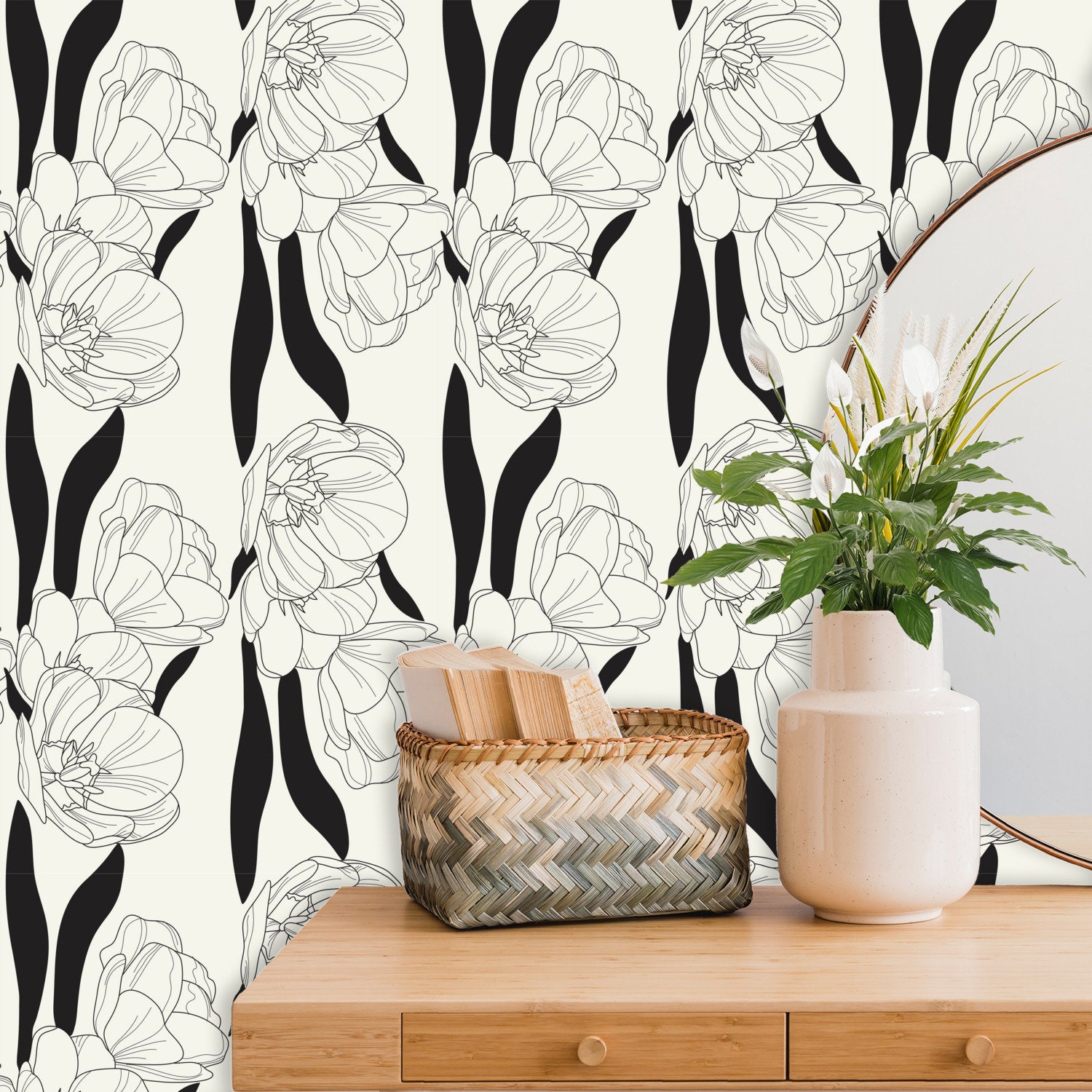 Floral Wallpaper Black and White Wallpaper Flower - Etsy