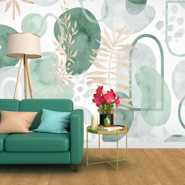 Green Wallpaper, Watercolor Botanical Wallpaper - Geometric Wallpaper, Pastel Wallpaper Roll with Whimsical Pattern - Floral Wallpaper # R90