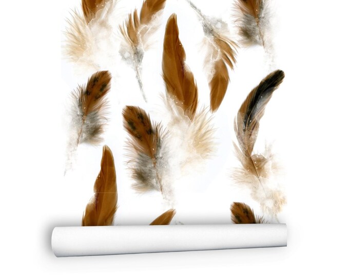 18-ft Wallpaper Roll | Brown Feather Wallpaper | Watercolor 3D Feather ...