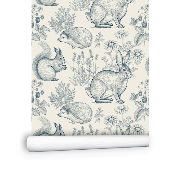 Animal Wallpaper Roll, Hedgehog Ornaments Rabbit Squirrel Wall Art | Baby Kids Nursery Wallpaper Peel and Stick for Boys and Girls # R110