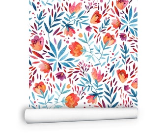 18-ft Wallpaper Roll | Spring Flower Wallpaper |Watercolor Tulip Peel and Stick Wallpaper | Blue Red Floral Wallpaper # R29