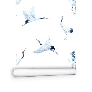 Japanese Birds Wallpaper | 18-ft Wallpaper Roll | White Crane Peel and Stick Wallpaper | Minimalist Wallpaper | Heron Wallpaper # R42