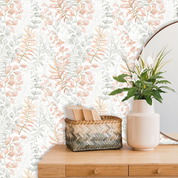 Fern Leaf Wallpaper, Watercolor Plant Wallpaper | Herbs Removable Wallpaper, White Botanical Wallpaper | Tropical Wallpaper Roll # R100