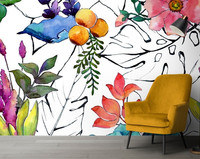 Floral Wallpaper Peel and Stick, Watercolor Wall Art - Botanical ...