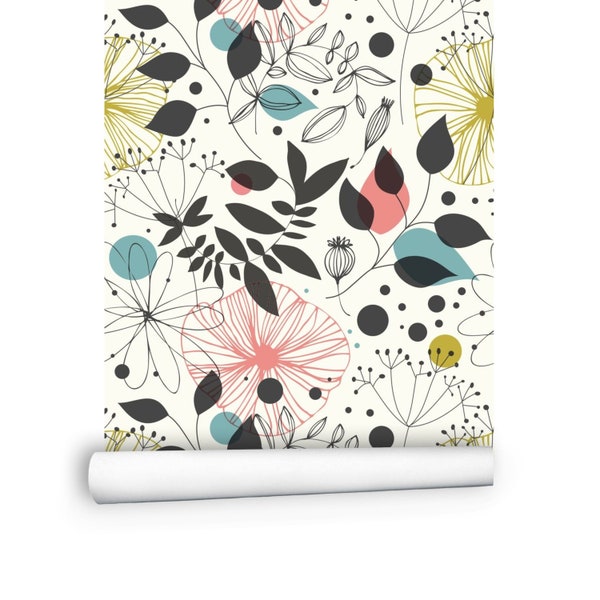 18-ft Wallpaper Roll | Abstract Flowers Wallpaper | Polka Dot Peel and Stick Wallpaper | Colorful Floral and Leaf Wallpaper # R43