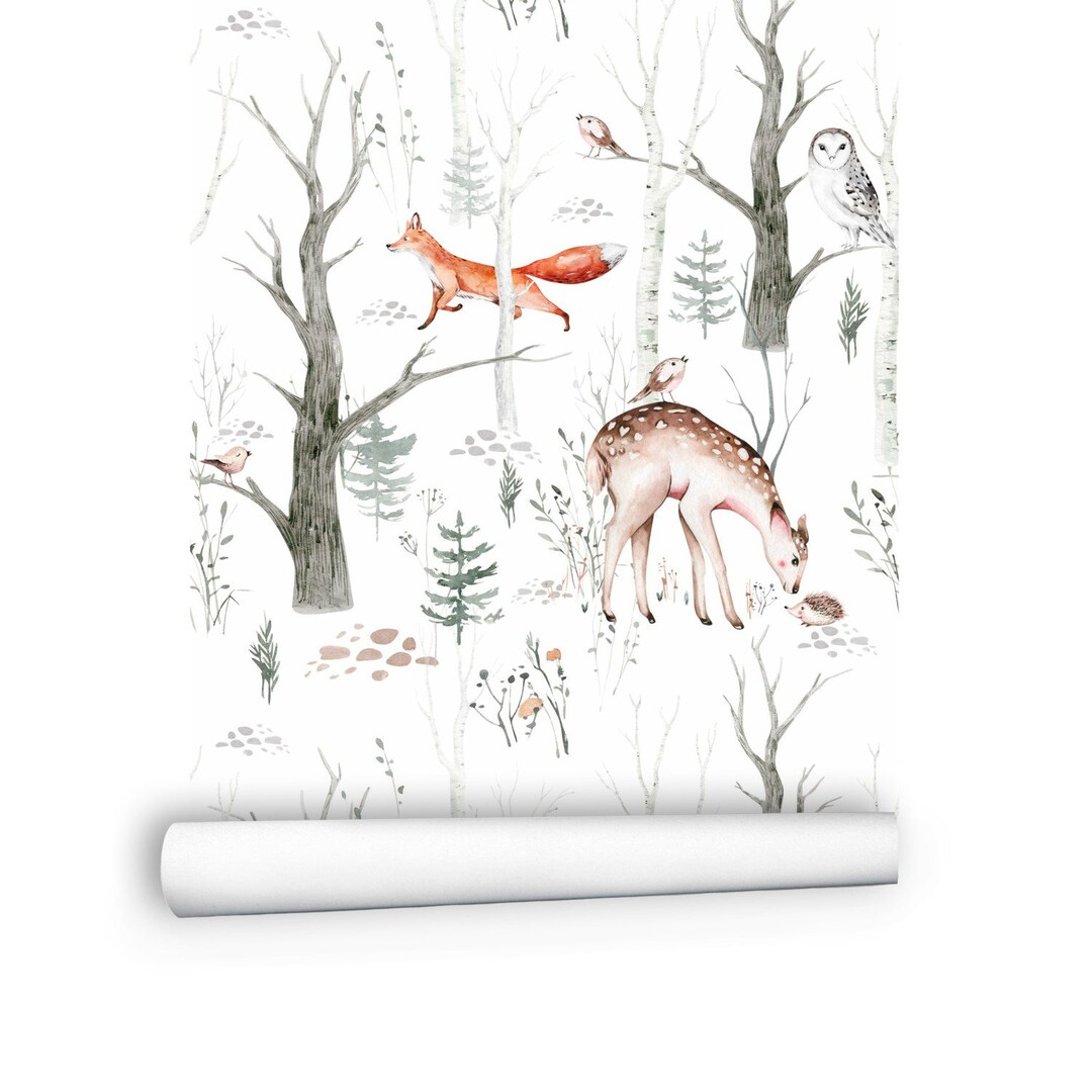 Animal Wallpaper, White Forest Wallpaper for Kids Woodland Wallpaper