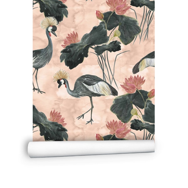 Crane Wallpaper, Peel and Stick Wallpaper Vintage - Pink Wallpaper, Bird Wallpaper - Modern Wallpaper, Self Adhesive Wallpaper # R229