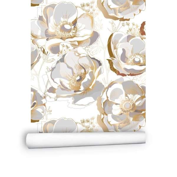 18-ft Floral Wallpaper Roll | White Gold Flowers Wallpaper | Large Peonies Peel and Stick Wallpaper | Spring Floral Wallpaper # R61