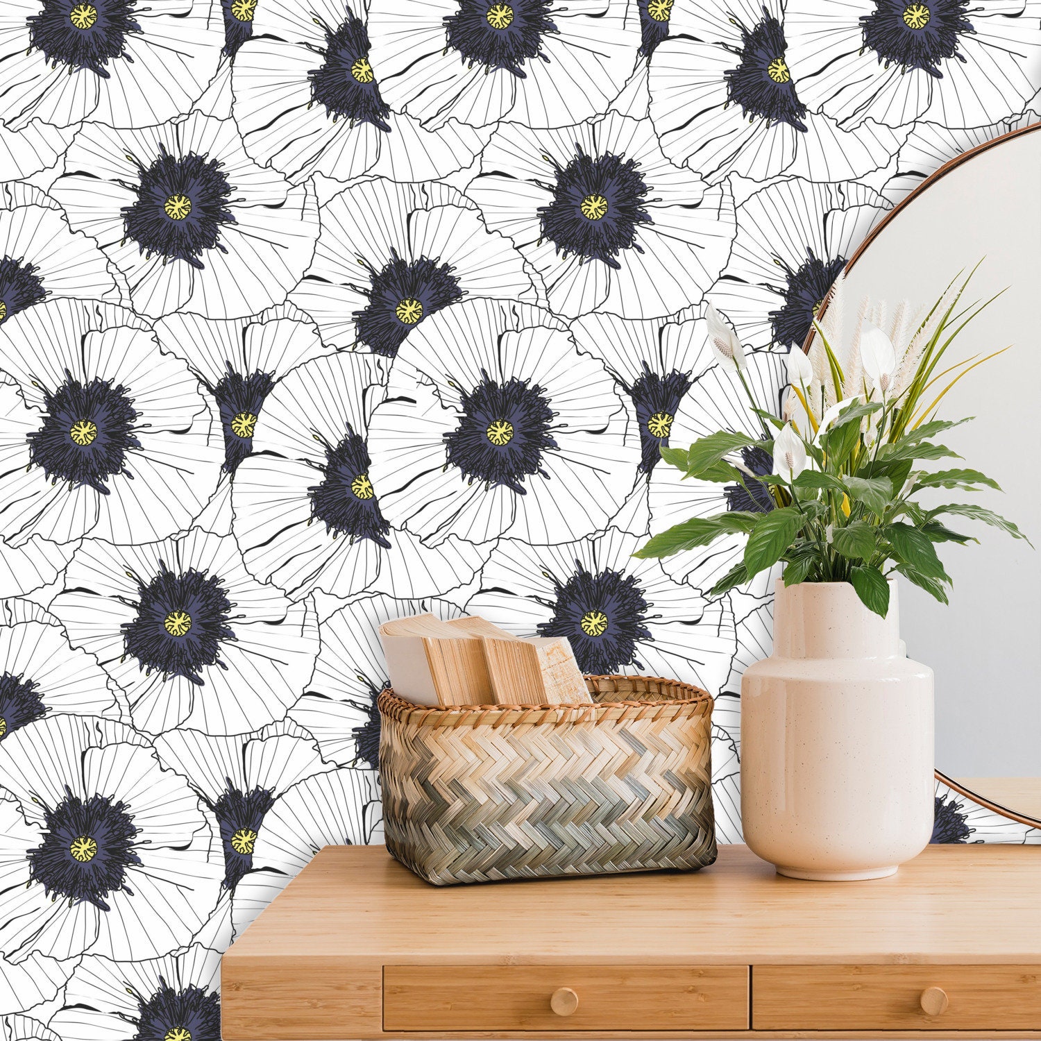 Black and White Wallpaper Flower Wallpaper Peel Stick | Etsy