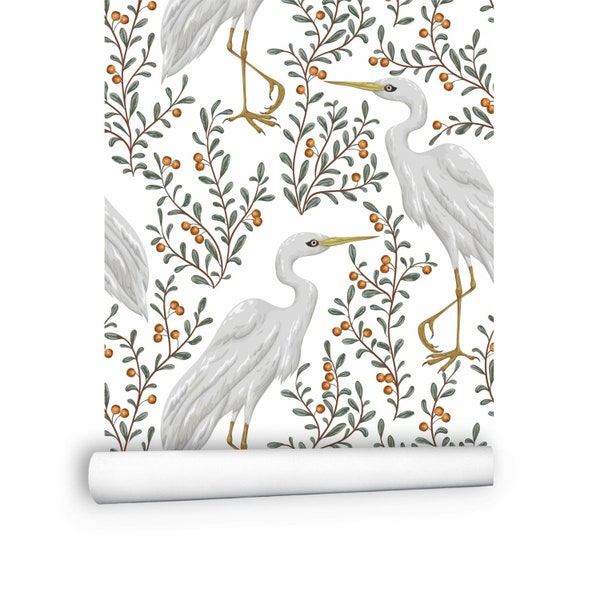 Bird Wallpaper, Botanical Wallpaper - Modern Wallpaper Peel and Stick, Self Adhesive Wallpaper - Heron Wallpaper Bedroom Kitchen # R258