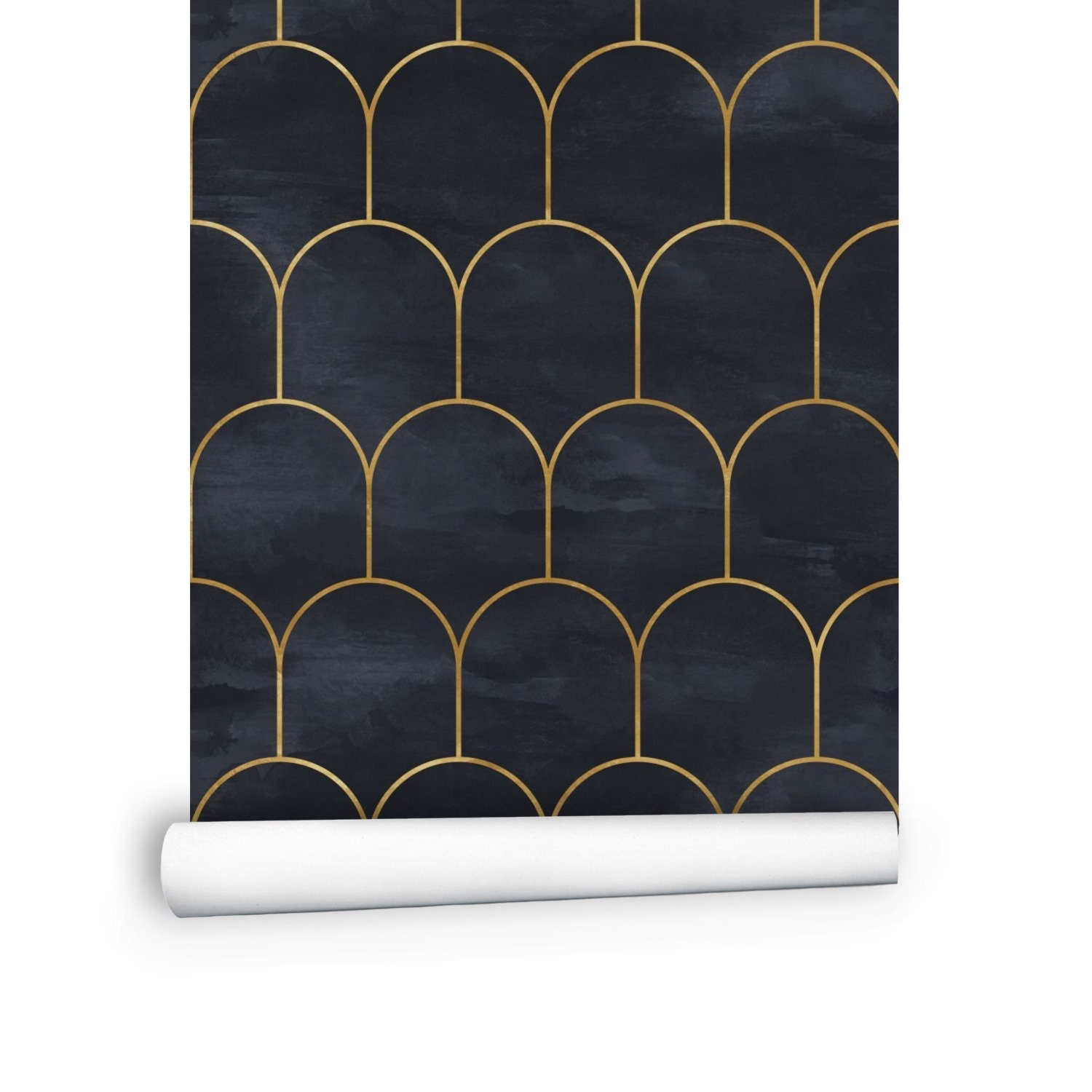 18 Ft Wallpaper Roll Black Gold Geometric Wallpaper Fish Etsy