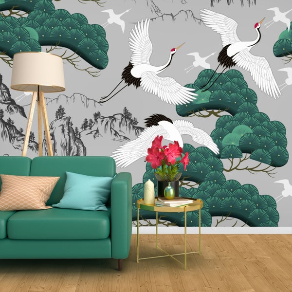 Crane Wallpaper, Chinoiserie Wallpaper - Modern Wallpaper, Abstract Wallpaper Peel and Stick - Bird Self Adhesive Wallpaper Kitchen # R230