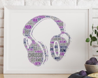 Personalised Headphones Word Art Print: Musician Gift, Wall Art