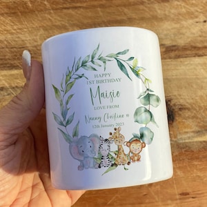 Personalised jungle theme money box, first birthday gift, jungle nursery, 1st birthday, 1st birthday girl, 1st birthday boy