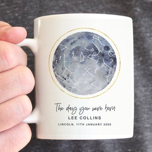 Mug carte des étoiles. Le jour de votre naissance. Cadeau spécial anniversaire. Cartes des étoiles, astronomie, étoiles alignées, cadeau d'étoiles, 21, 30, 40, 50, 60, ciel