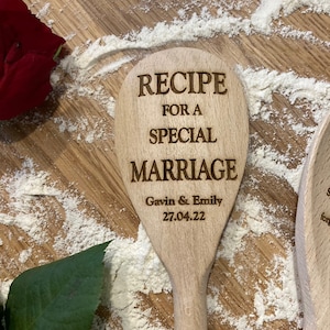 May include: Wooden spoon with the text "Recipe for a Special Marriage" engraved on it. The spoon also has the names "Gavin & Emily" and the date "27.04.22" engraved on it.