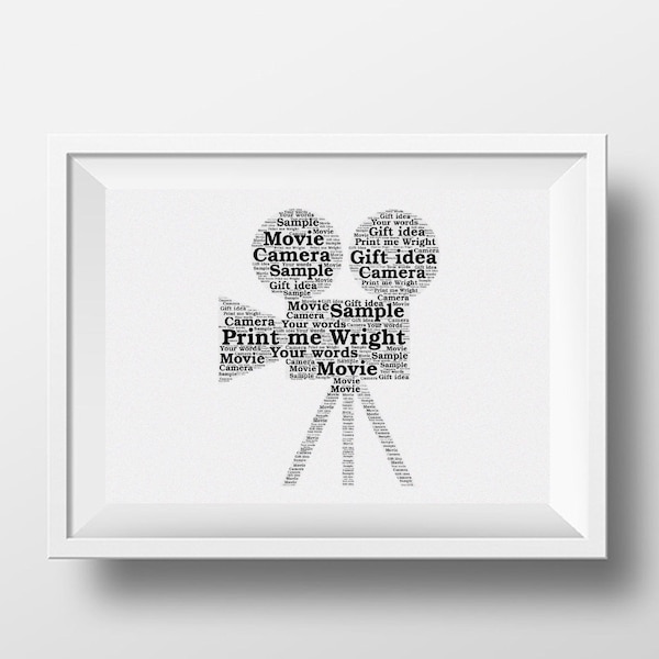 Personalised word art, movie camera design, movie gift, gift for movie lover, film director, personalised word art, camera image
