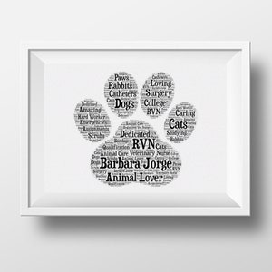 Personalised word art, paw print image, paw design, gift for vet, your words, personalised veterinary nurse, vet gift, animal lover