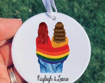Personalised Lesbian couple gift, gay couple gift, ceramic ornament, LGBTQ, rainbow flag, lesbian wedding gift, same sex couple gift