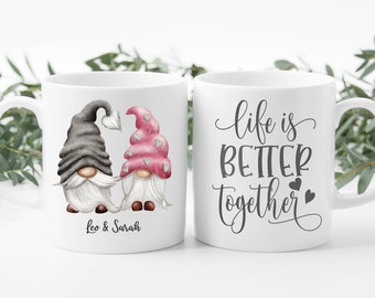 Personalized Gnome Couple Mug - Life is Better Together - Custom Names Coffee Cup - Anniversary Gift