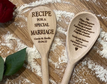 Cuchara de madera personalizada, receta para un matrimonio especial, regalo de boda, regalo para parejas, regalo de nueva pareja, cita de boda, regalo de despedida de soltera