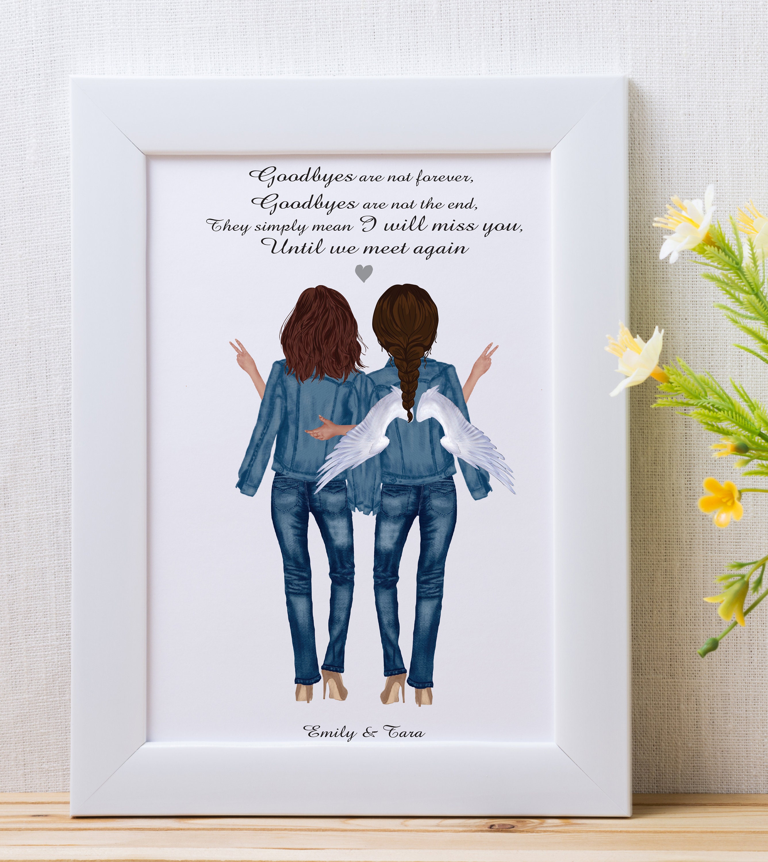 Stampa artistica commemorativa personalizzata, regalo per la perdita di un amico, ritratto dell'amicizia con ali d'angelo - Italia