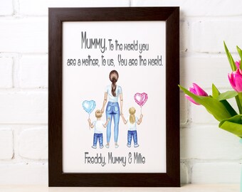 Personalised mother and children print. Beautiful mother's print. Mother's day, Mummy you are the world. Gift for mom. Mom and kids print