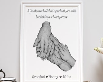 Personalised grandparent holding hands quote print, hold hand for a while heart forever, family hands print, grandparents gift, grandchild