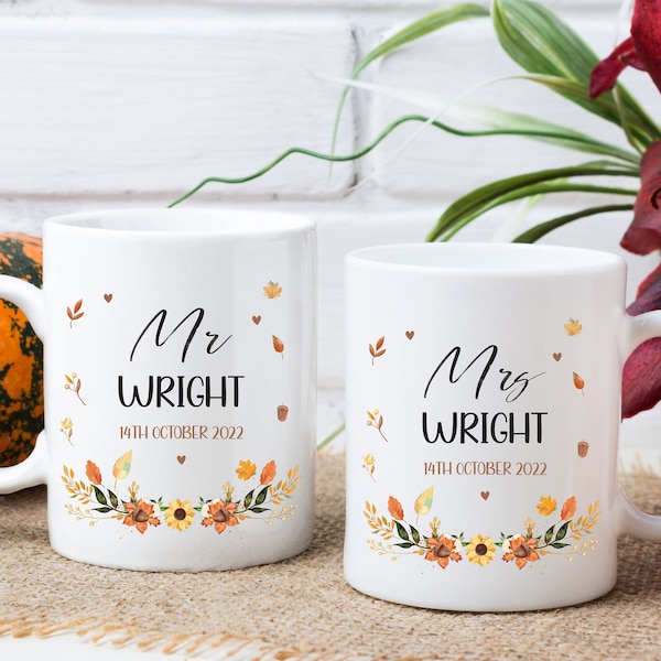 Autumn Wedding Gift, personalised wedding mugs, bride and groom mugs, mr and mrs wedding sets, wedding gift for friends, Pumpkins