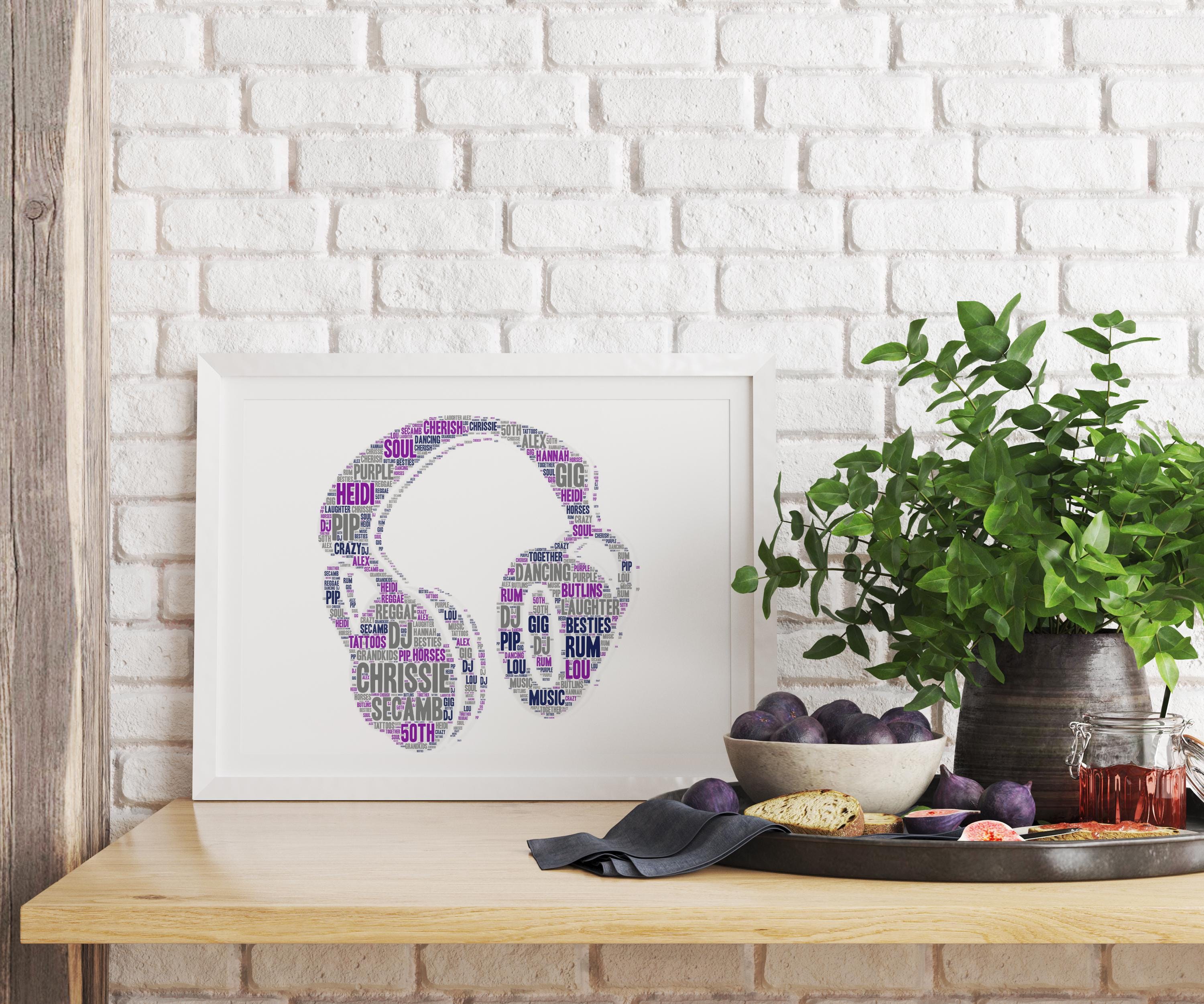 Personalised Headphones Word Art Print: Musician Gift, Wall Art