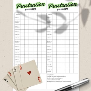 Folhas de pontuação de Rummy para impressão | Cartas de Rummy de frustração | Pontuação de Gin Rummy | Rastreador de jogo de cartas | Folha de pontuação digital em PDF
