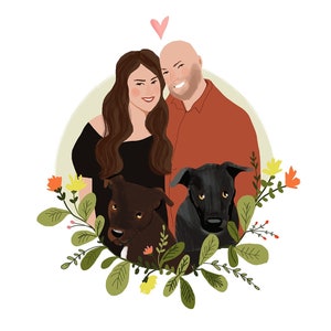Minimalist cute portrait,Custom couple art, personalized portrait, family illustration with pets, digital portrait, cartoon portrait, pet