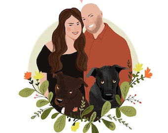 Minimalist cute portrait,Custom couple art, personalized portrait, family illustration with pets, digital portrait, cartoon portrait, pet