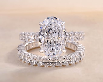 Conjunto de anillo de compromiso de moissanita incoloro ovalado, anillo de compromiso de oro rosa único vintage, conjunto de boda de banda de moissanita para mujer, anillo de novia